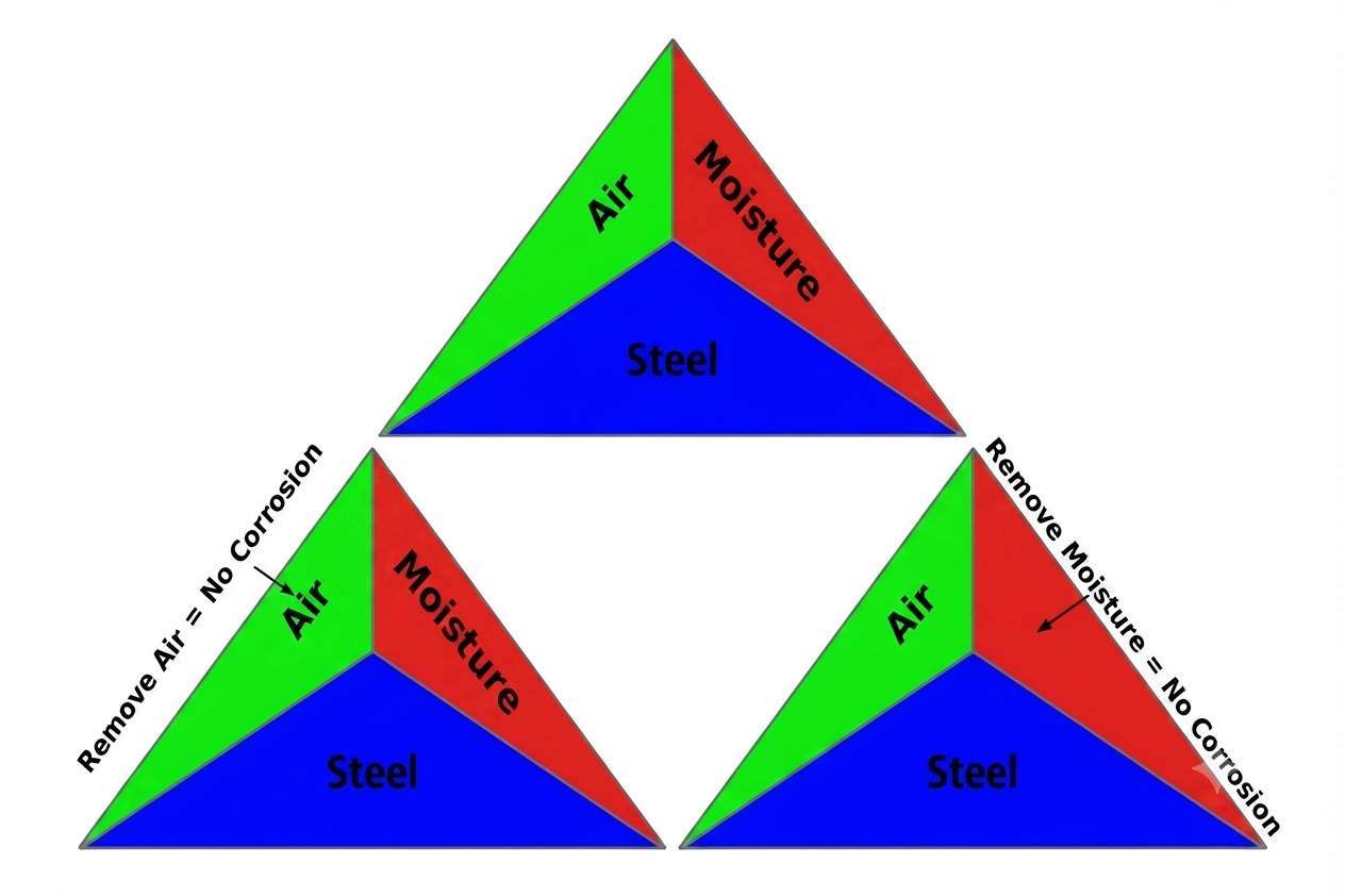 The corrosion triangle: air, moisture and steel — remove one and corrosion stops