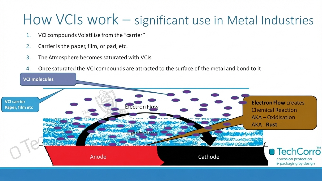How VCIs work: the inhibitor volatilises from its carrier and bonds to the metal surface