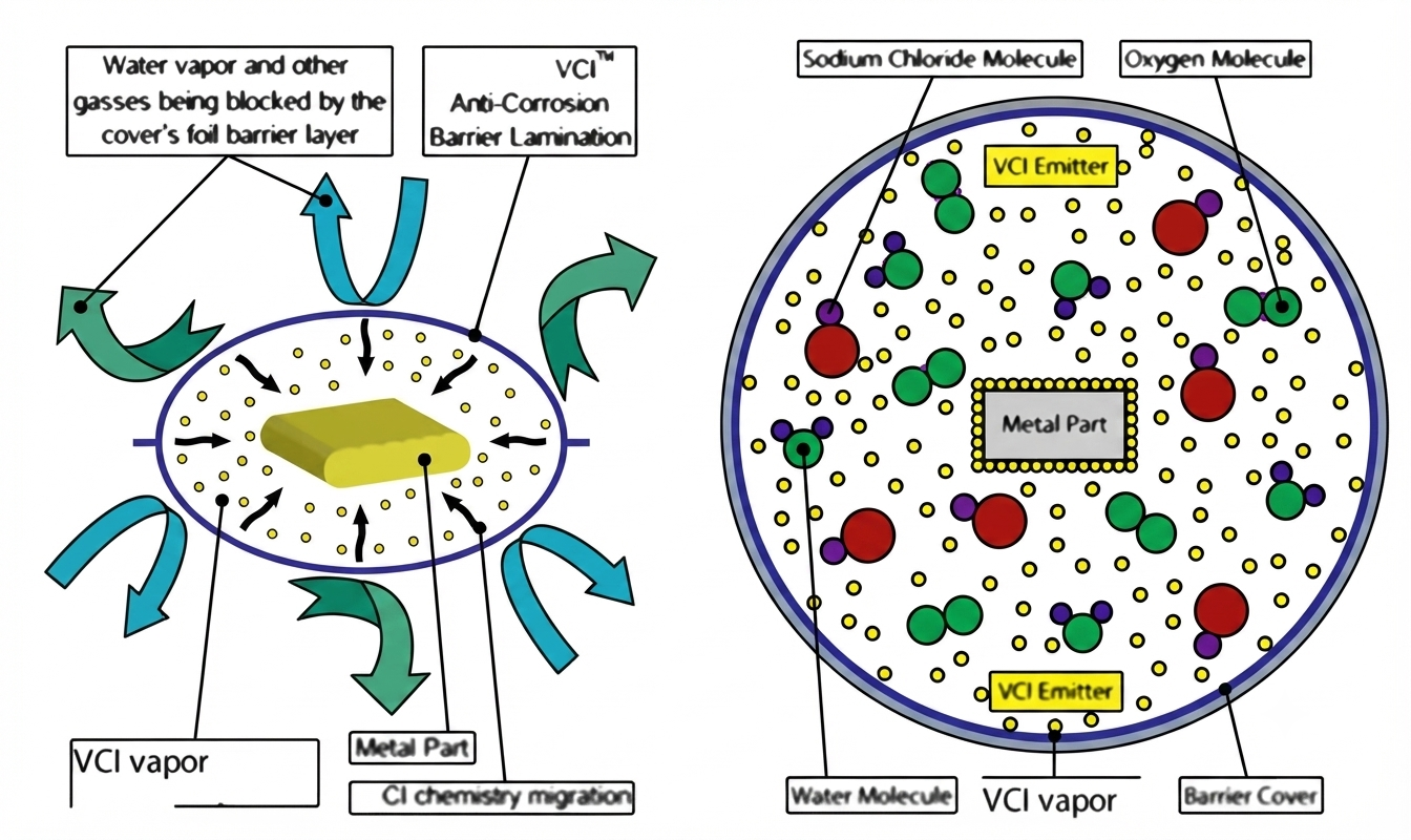 How VCI vapour fills a sealed pack and forms a protective layer on the metal