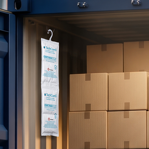 Container desiccant bag hanging beside stacked cartons inside a shipping container