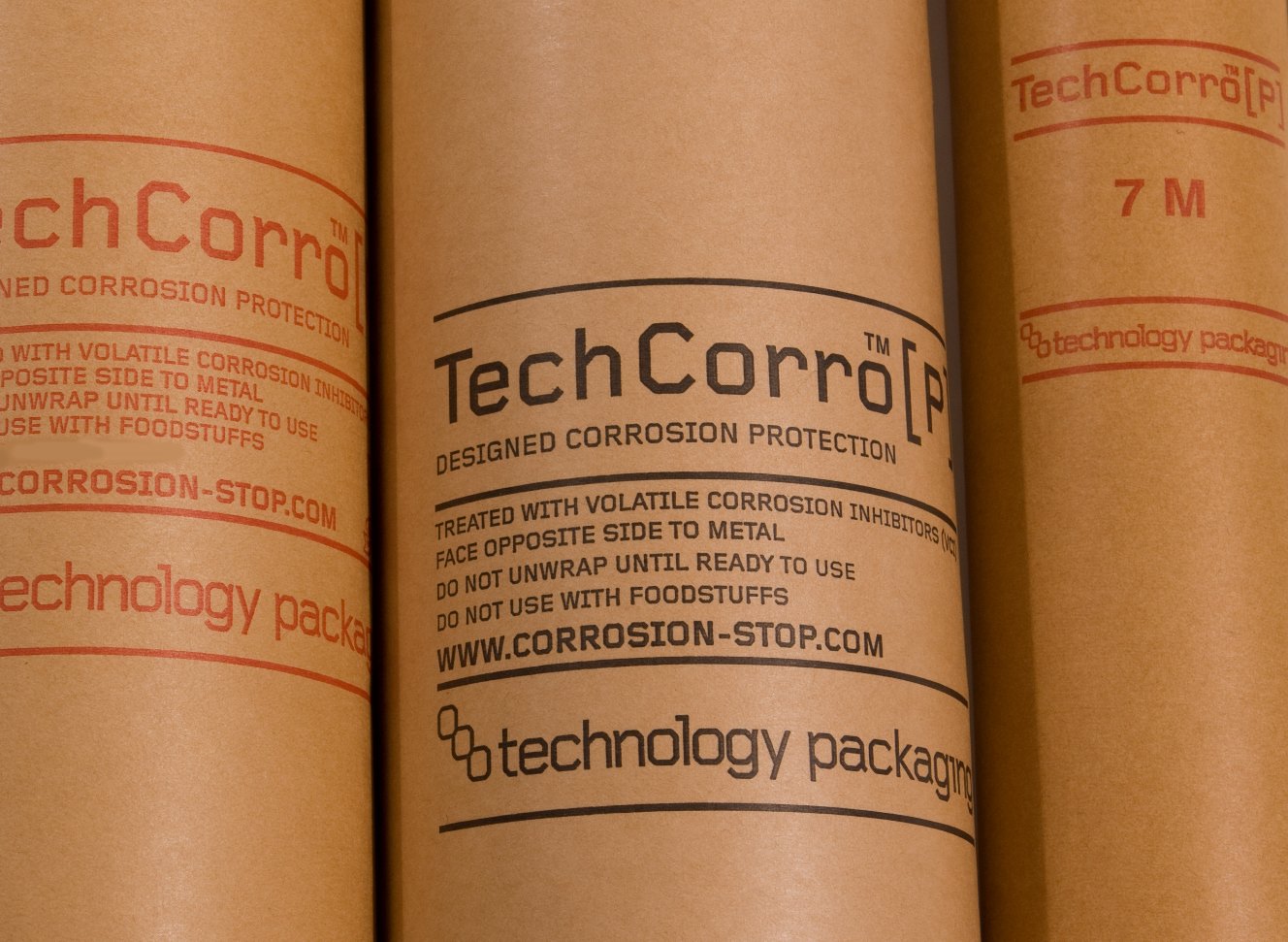 Rolls of VCI kraft paper printed with corrosion protection handling instructions